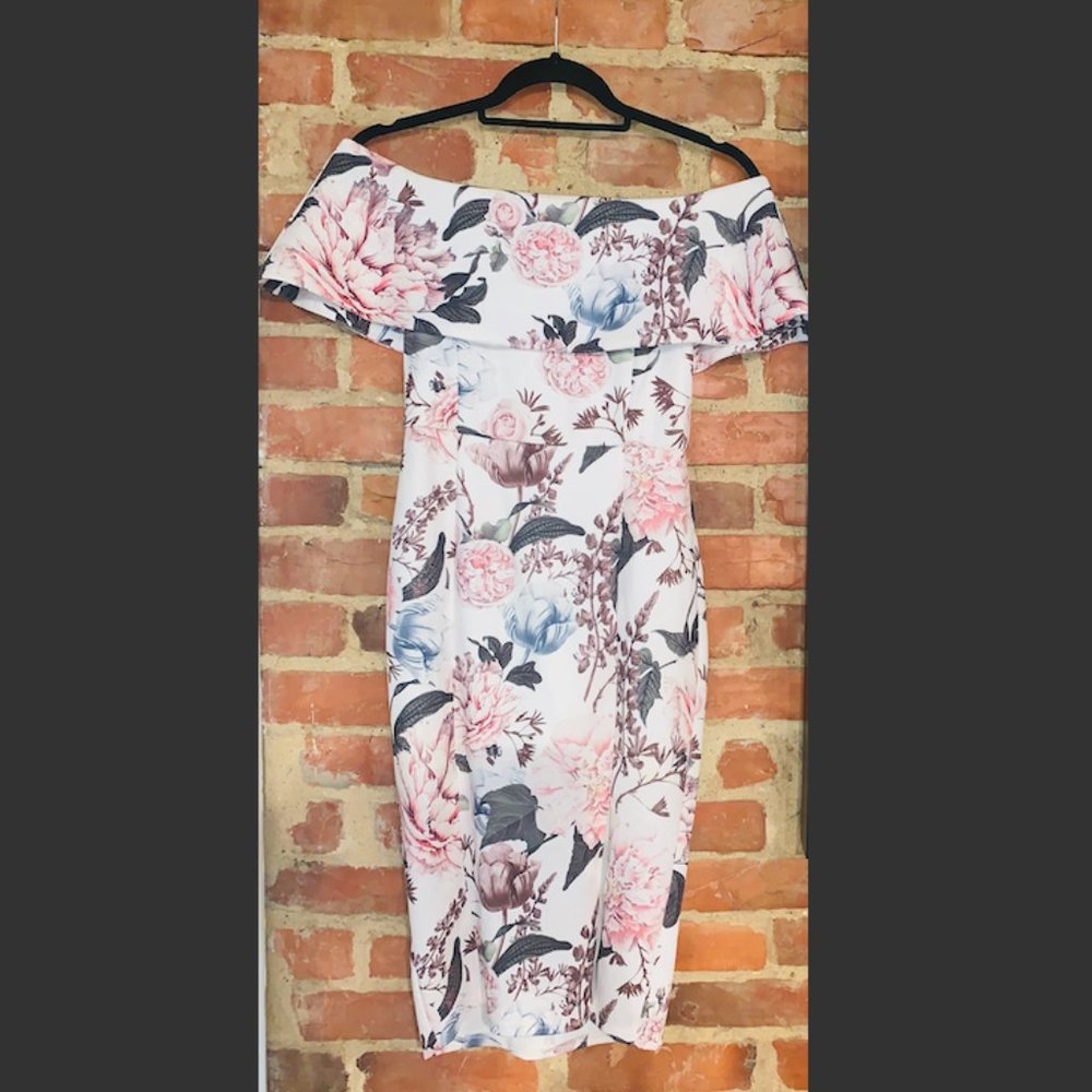 White/Floral Print Off-the-Shoulder Midi Dress